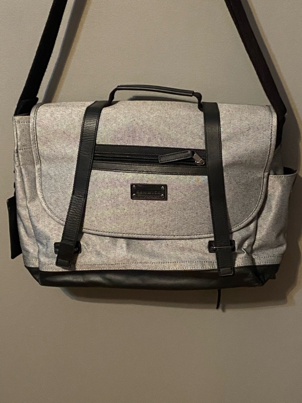 Gray Messenger Laptop Bag with Black Trim and Adjustable Strap
